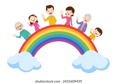 big family Exercise together for good health and rainbow background