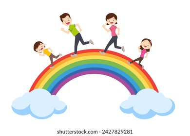 big family Exercise together for good health and rainbow background
