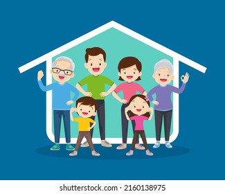 Big family Exercise together with them house icon background.Strong family Surrounded by Immunity.Healthy family concept.