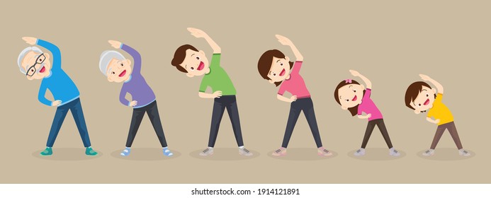 big family exercising together For Good Health ,Grandfather, grandmother, father, mother, daughter, son   Exercise together Happily and vigorously