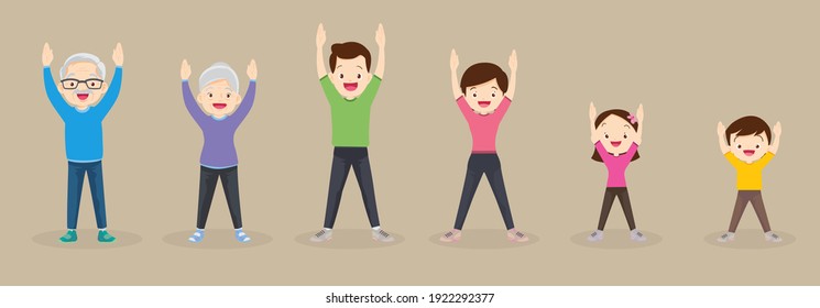 Big family exercising together For Good Health , Grandfather, grandmother, father, mother, daughter, son   Happily Exercise together vigorously