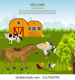 Big Family farm Vector. Cows, horse, chicken on green summer background