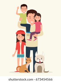 Big family. Father with children and animals