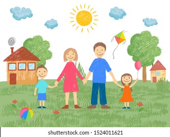 Big family. Father mother brother standing near house grass and sun summer background kids hand drawn style vector