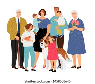 Big family. Father and mother, grandmother and grandfather, children and pet vector set