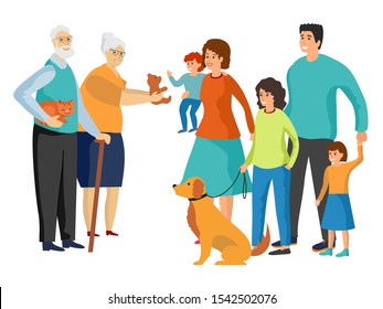 Big family. Father and mother, grandmother and grandfather, children and pets. Flat vector set.