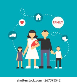 Big Family. Father, Mother, Son, Daughter and newborn baby. Flat Design Illustration with Icons