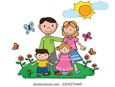 Gran familia. Padre y madre con sus hijos están de pie. Padres felices con su hija y su hijo. Caricatura, gente relajada, familia feliz vector y concepto de caricatura.