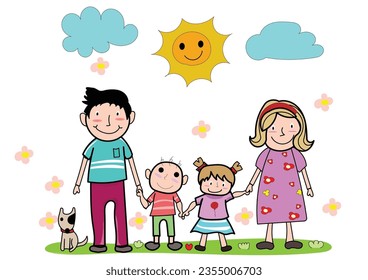 Big family. Father and mother with their children are standing.Happy parents with daughter and son.Cartoon, Relaxed People,Vector happy family and cartoon concept.