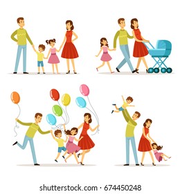 Big family. Father, pregnant mother, little baby. Vector character set. Happy peoples