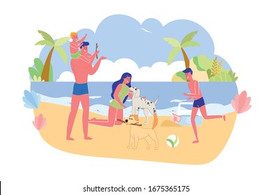 Big Family with Favorite Pets on City Beach Banner. Mom is on her knees and Stroked one Dog. Father with Sons Plays Wand with another Animal. Next to Sand Lie Kindergarten Bucket and Refrigerator Bag.