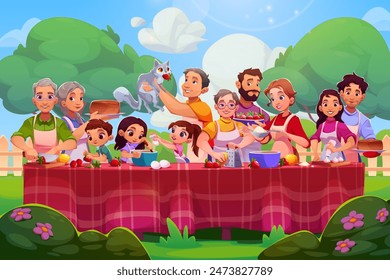 Big family or friends cooking together outdoor. Happy smiling people making strawberry dessert and cakes. Cartoon children, young and adult men and women in apron cook confectionery in garden or park