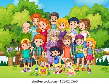 A big family at the garden illustration