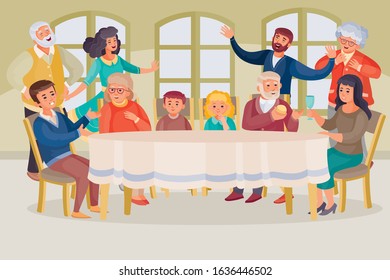 big family gathered at a large table in a large room with large windows, people sit on chairs and stand around the table, grandparents, parents, mom and dad, children, vector illustration