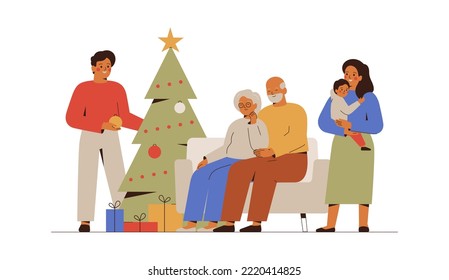 Big family gathered together near Christmas tree in New year eve. Several generations: grandparents, adult son with his wife, grandson celebrate winter holiday near xmas fir. Vector illustration