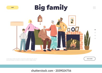 Big family gathering concept of landing page with three generations kids, parents and grandparents together at fireplace. Children and adults visiting senior couple. Cartoon flat vector illustration
