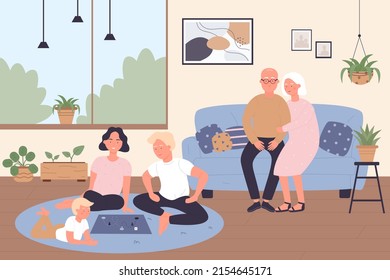 Big Family Gathering At Home Together. Elderly Grandparents Sitting On Sofa, Father, Mother And Kid Play Board Game On Floor In Modern Interior Flat Vector Illustration. Generation, Genus Concept