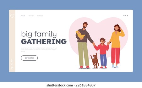 Big Family Gathering Landing Page Template. Children, Parents And Pet Characters Enjoying Outdoor Walk And Spending Time Together. Relaxed People with Happy Faces. Cartoon Vector Illustration