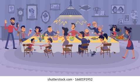 Big family gathering together flat illustration. Happy relatives eating festive thanksgiving dinner. Kids, grandparents, wife and husband celebrating. 2D cartoon characters room interior on background