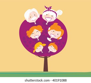 Big family generation tree. Family relationship tree. Grandmother, grandfather, mother, father and childrens. Vector Illustration in vintage style.