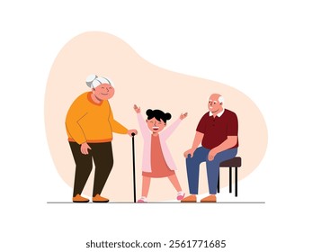 Big Family, grandfather sitting on a chair and grandmother standing with a cane, looking at their cheerful granddaughter.
design, vector, illustration