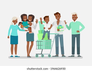 Big family grandparent, father, mother and children are shopping character vector design.