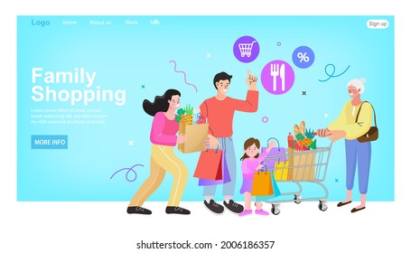 Big Family At Grocery Supermarket. Retired Grandmother With List, Shopping Cart. Parents And Children In Mall Shopping For Whole Family. Flat Vector Cartoon Illustration