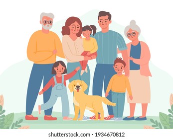 Big family. Happy parents, children, grandma and grandpa. Smiling dad, mom, kids and dog. Three generation standing together vector portrait