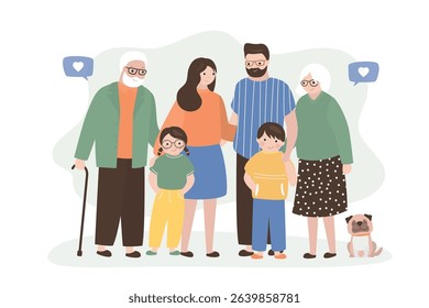 Big family. Happy parents, children, grandma and grandpa. Smiling dad, mom, kids and dog. Three generation standing together, family portrait. flat vector illustration