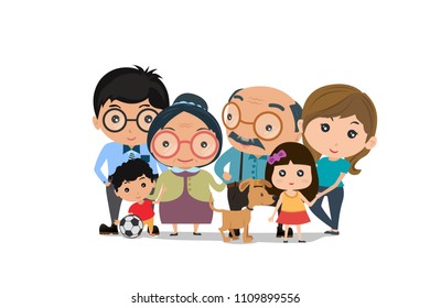 Big family happy together. smiling family portrait. Mother, father daughter, son, grandparents. Vector illustration of a flat design.