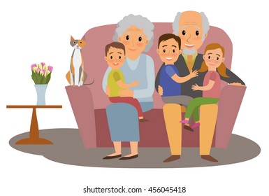 Big Family. Happy family whith grandchildrens and grandparents sitting on the sofa with cat