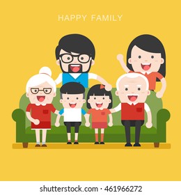 Big Family. Happy family whith grandchildrens, parents and grandparents sitting on the sofa