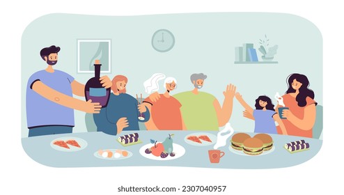 Gran familia con ilustración vectorial de cena. Abuelos, padres, niños sentados a la mesa, bebiendo y comiendo juntos. Reunificación familiar, vacaciones, concepto de unión