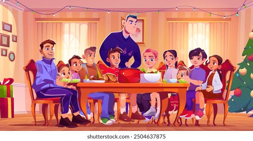 Gran familia cenando en vacaciones los fines de Navidad. Ilustración vectorial de dibujos animados de hombre y mujer, niños y adolescentes sentados en la mesa y comiendo platos en el interior de la habitación con el árbol de Navidad decorado.