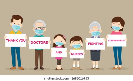 big family holding banners for Thank you doctors and nurses working in the hospitals and fighting the coronavirus,Thank you doctor and Nurses and medical personnel team for stop covid-19