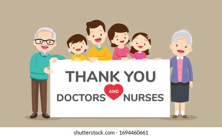 big family holding empty banners for Thank you doctors and nurses working in the hospitals and fighting the coronavirus,Thank you doctor and Nurses and medical personnel team for stop covid-19.