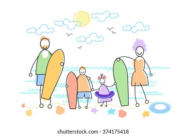 Big Family Holiday Sea Seaside Holding Windsurfing Boards Parents With Two Children Vector Illustration