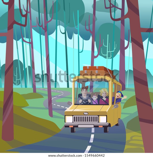 Big\
family holiday vacation, road trip concept. Yellow van with people\
inside and luggage on the roof, car moving on road, tourism,\
outdoor recreation and leisure. Simple flat\
vector