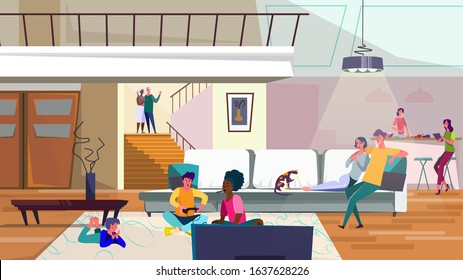 Big family at home. Kids playing video games, women cooking in kitchen, living room flat vector illustration. Home party, guests, extended family concept for banner, website design or landing web page