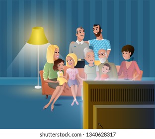 Big Family Home Meeting Cartoon Vector Concept with Senior Couple Spending Time with Children, Gathering Together with Relatives at Home, Watching Evening TV Show on Sofa in Living Room Illustration
