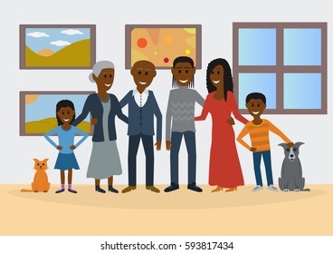 Big family at home. Vector flat illustration.