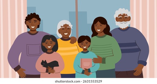 Big family illustration background. Grandparents, young parents, children and pet. Family and generations concept. Vector hand drawn banner in flat style.