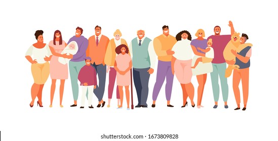 Big family isolated on a white background. Children and parents several generations vector illustration