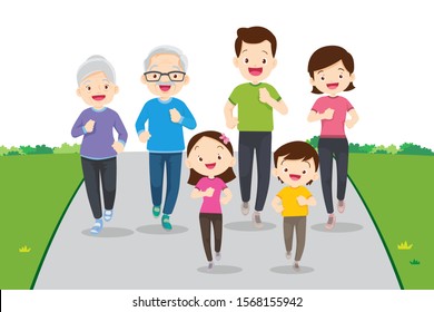 big family jogging and exercising together in public park.Happy Family Running Together For Good Health