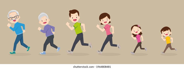 big family jogging exercising together For Good Health ,Grandfather, grandmother, father, mother, daughter, son   Exercise together Happily and vigorously.Cute family running together.