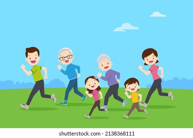 big family jogging and exercising together in public park. Happy Family Running Together For Good Health