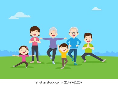 big family jogging and exercising together in public park.Happy Family Running Together For Good Health