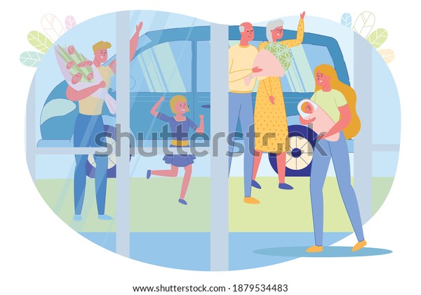 Big\
Family Joyfully Meet Mom and Baby, Banner. Daughter Gladly Jumps,\
she See Mother Leaving Hospital and her Youngest Newborn Sister.\
Husband Wave Hand, Grandparents Waiting by\
Car.