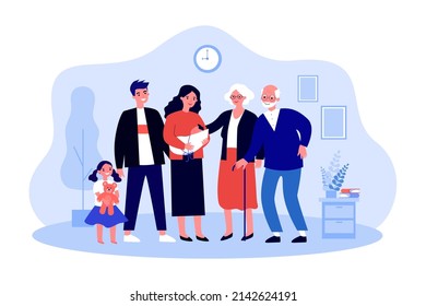 Big family of kids, parents and grandparents standing together. Group of adults and children at home flat vector illustration. Generation, family concept for banner, website design or landing web page