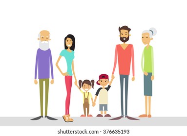 Big Family Kids Parents Grandparents Generation Flat Vector Illustration